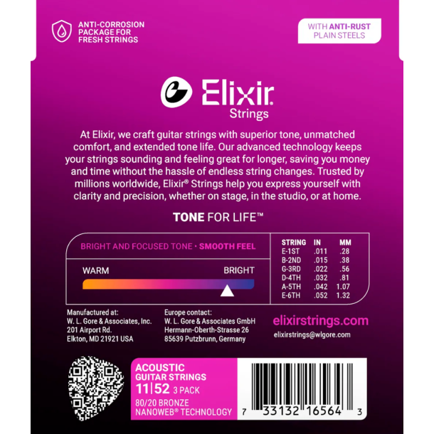 Elixir Nanoweb Acoustic Bronze 16564 3 Pack Custom Light 11-52